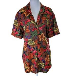 Vintage Joanna Paisley Fall Floral Button Front Top Size Large Made in USA
